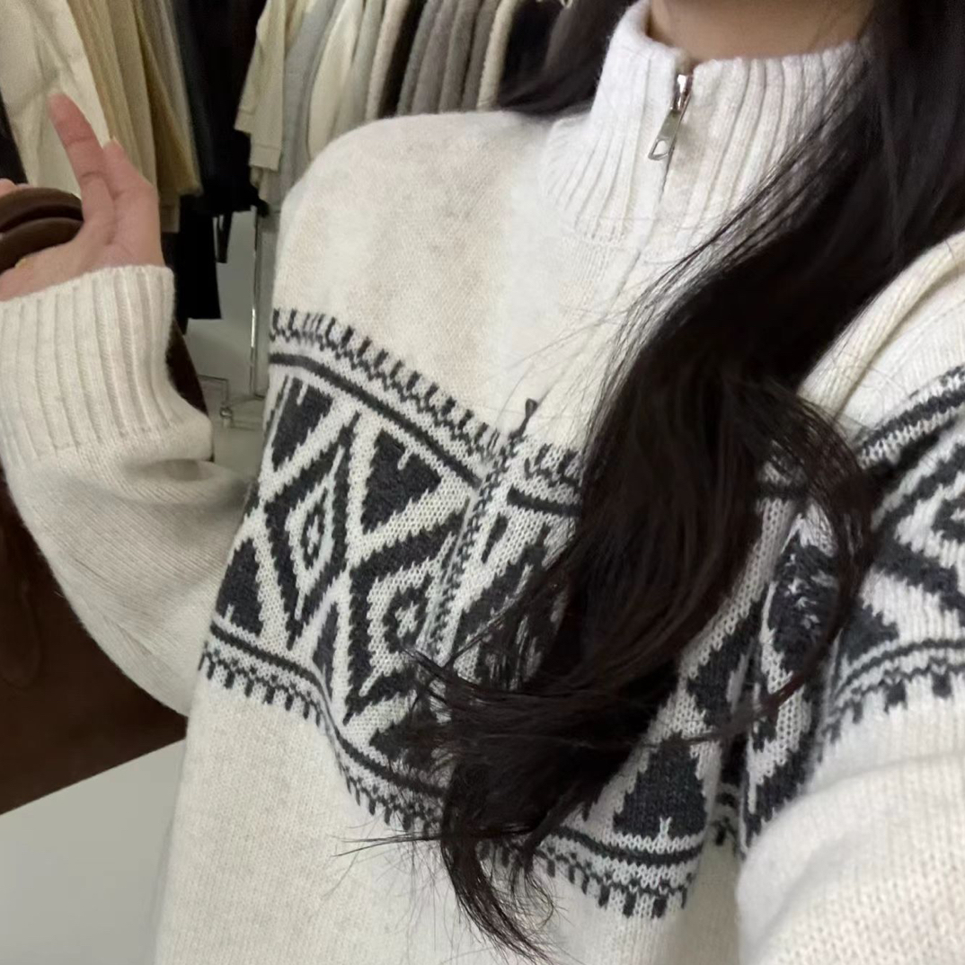 L.K粉色福利～韩版宽松半拉链费尔岛羊毛毛衣女2025新时尚百搭上衣