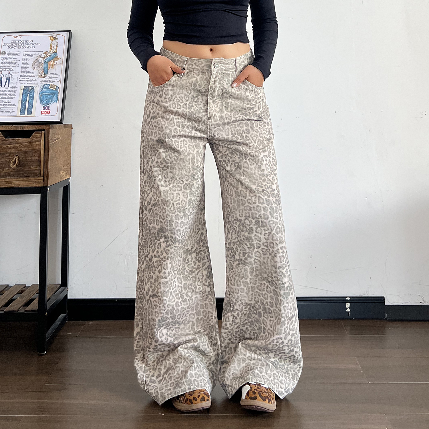 LA17 Studio美式复古水洗豹纹牛仔裤女宽松阔腿做旧设计裤子3577