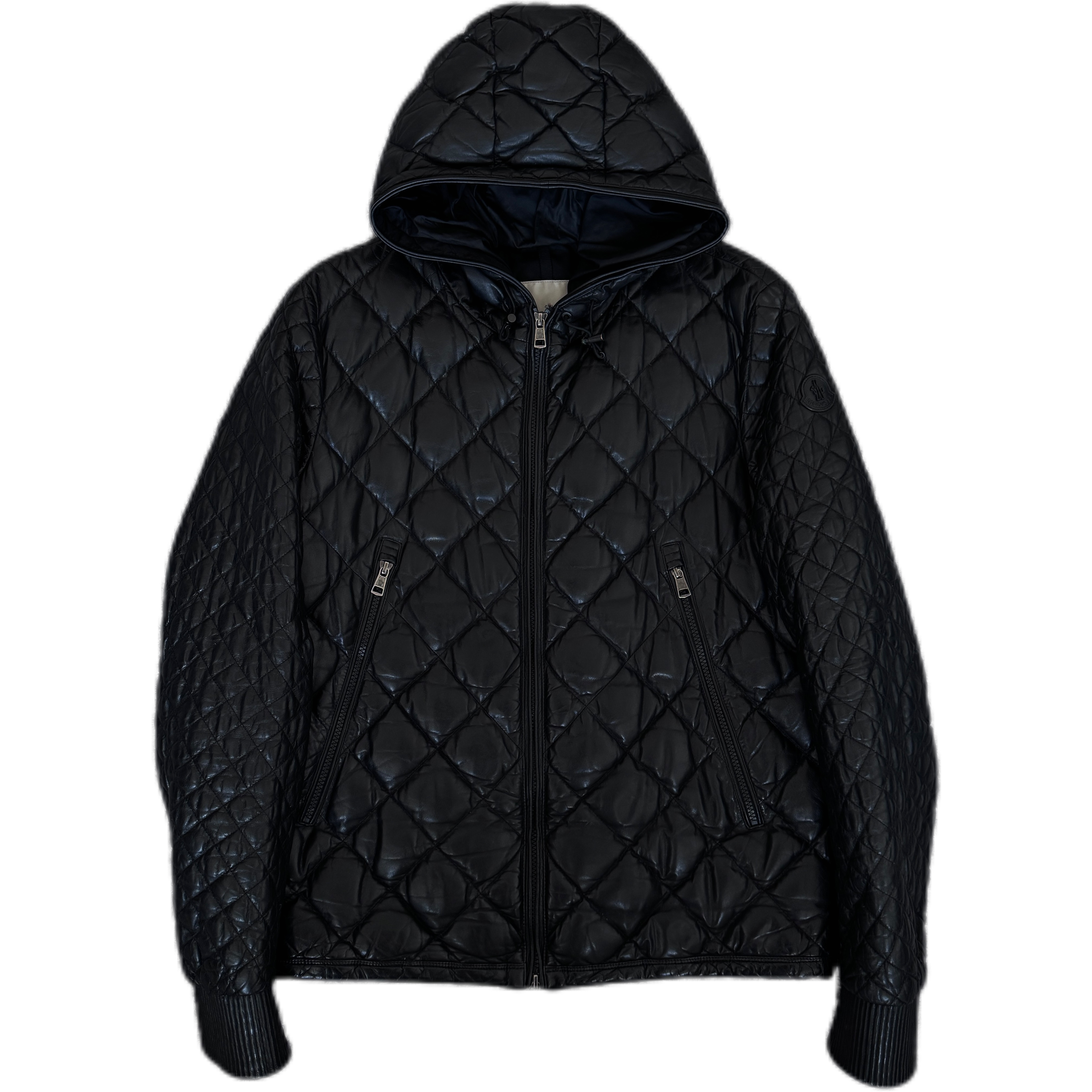 99新 MONCLER HK黑色菱格皮革压纹羽绒服3码