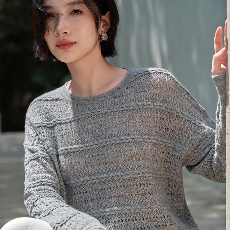 圆领镂空常规款女羊绒衫打底衫套头衫