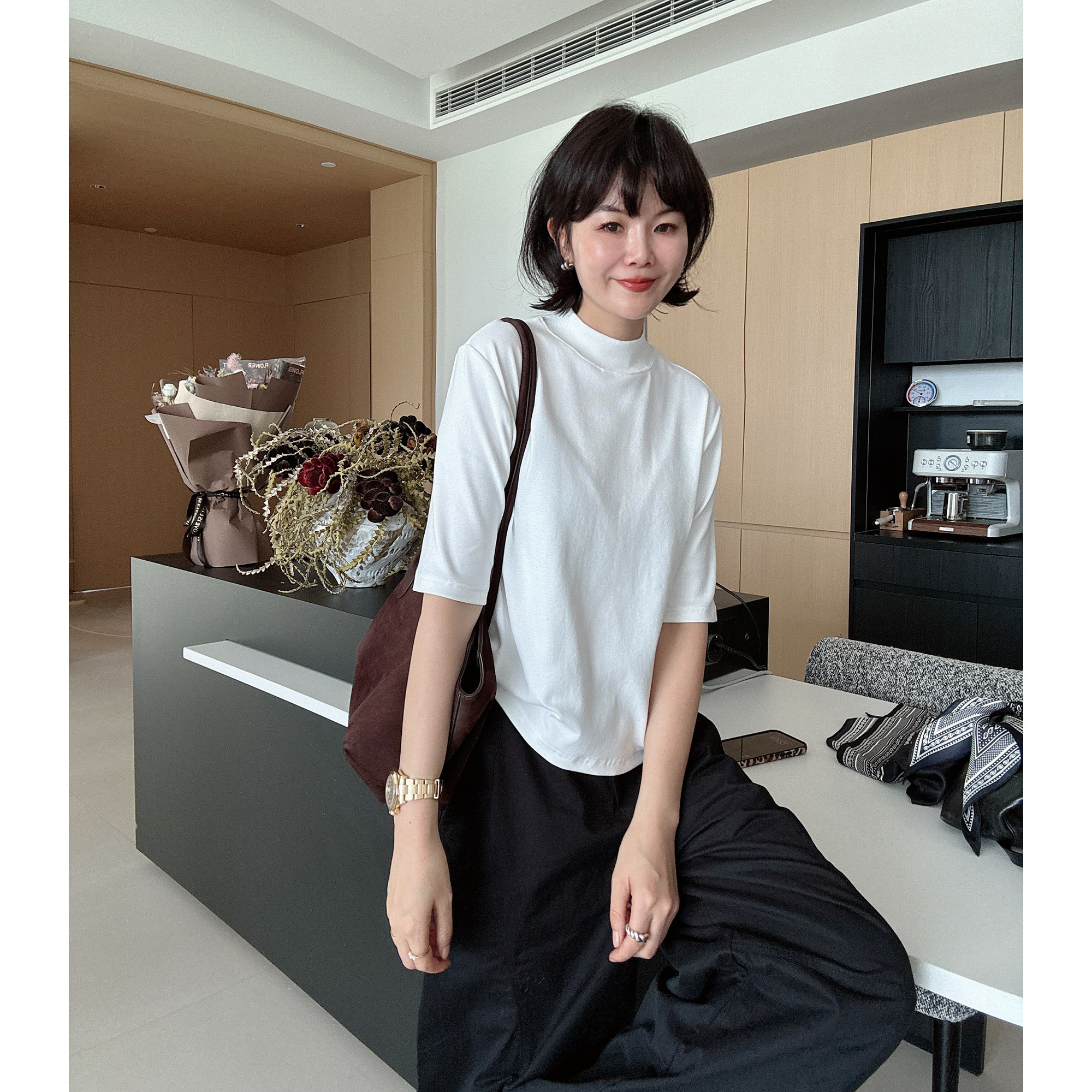 秋季韩系半高领简约高级纯色时尚百搭中袖T恤打底衫