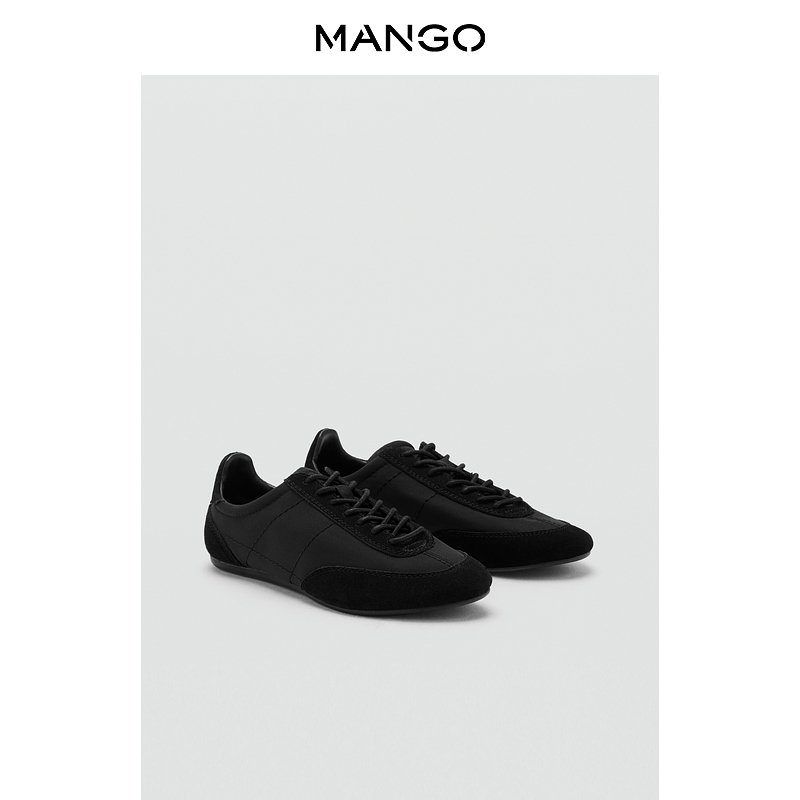MANGO女装鞋子2025秋装新款舒适休闲圆头裂纹皮革运动平底鞋