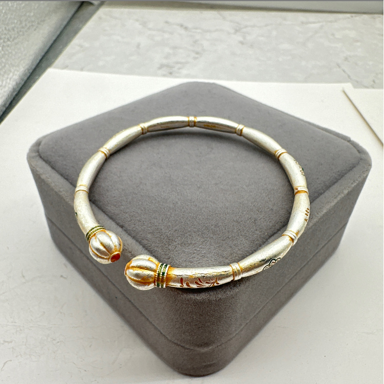 足银手镯 足银手镯 足银999.9手镯 A25 描金珐琅宝相花竹节南瓜镯