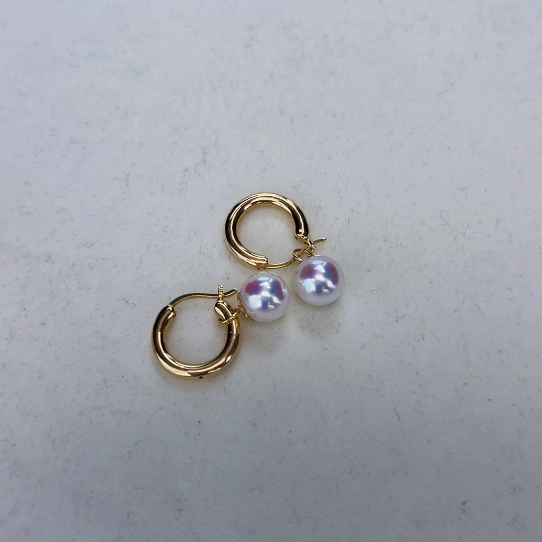 海水珍珠海水akoya许红豆耳扣7.5-8mm18K金镶嵌