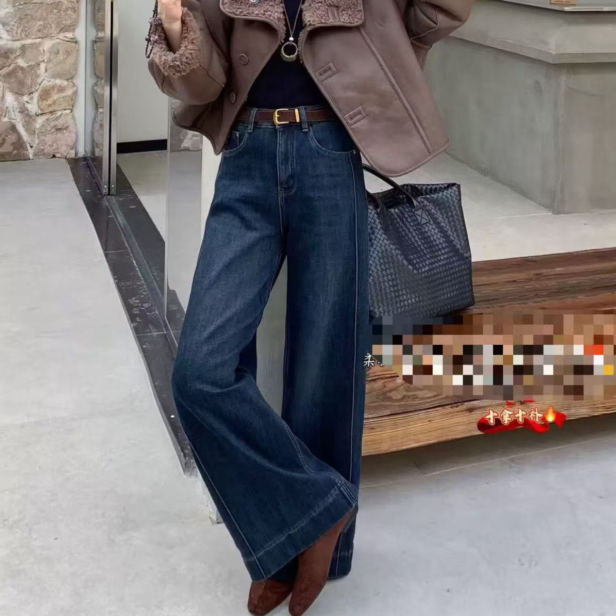 2025牛仔弹力窄版阔腿裤欧货冬新款加绒厚（深色会退色介意勿拍）