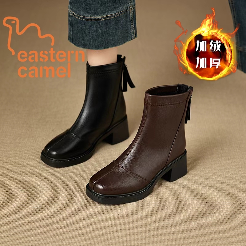 【东方骆驼】手工方头马丁女皮靴子高跟冬季防滑短靴粗跟英伦风7021