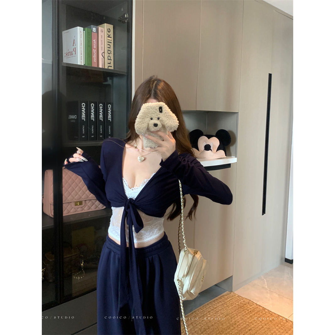 Wuu2sweet吴太甜 首尔限定 纯欲性感V领罩衫上衣女宽松阔腿裤套装