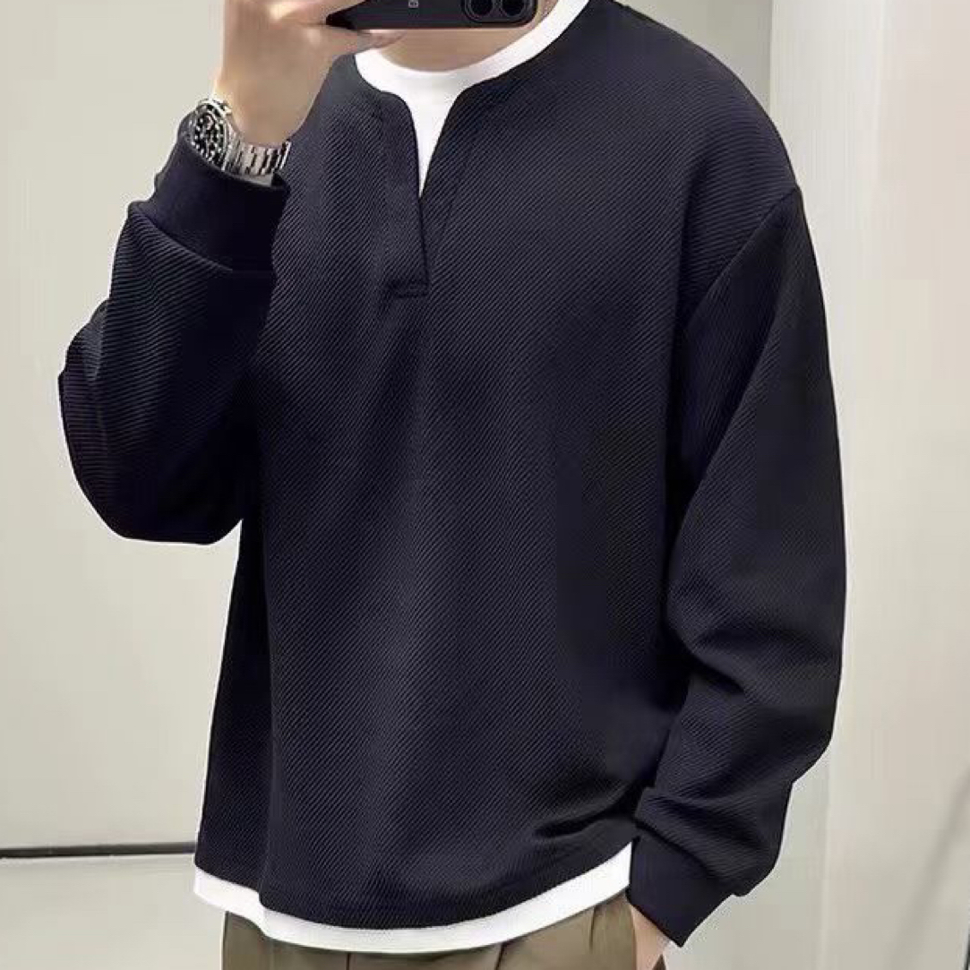 落肩袖假两件百搭长袖卫衣拼接撞色宽松潮流男士上衣