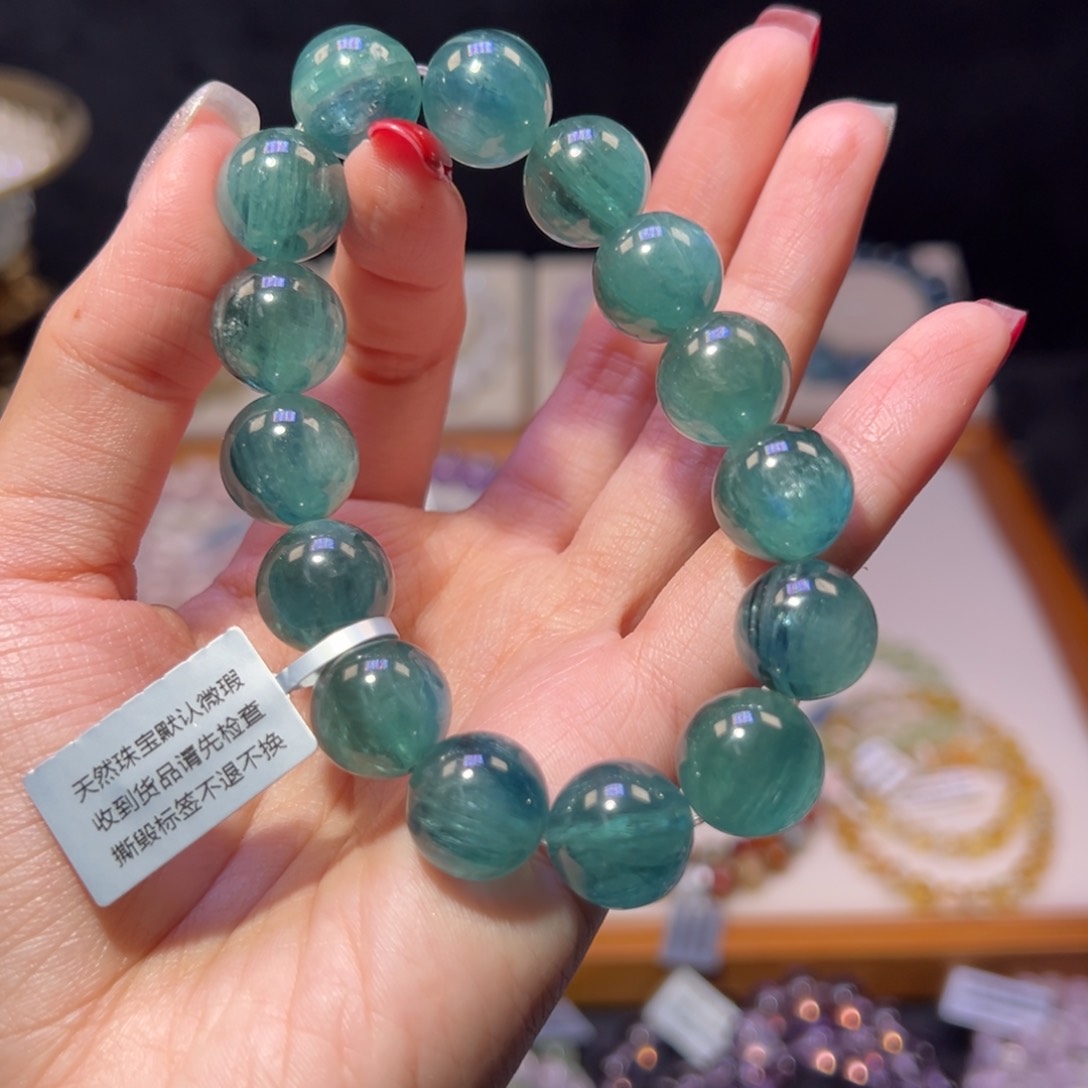 水晶手串未镶嵌B****w天花板玉化蓝绿晶13m