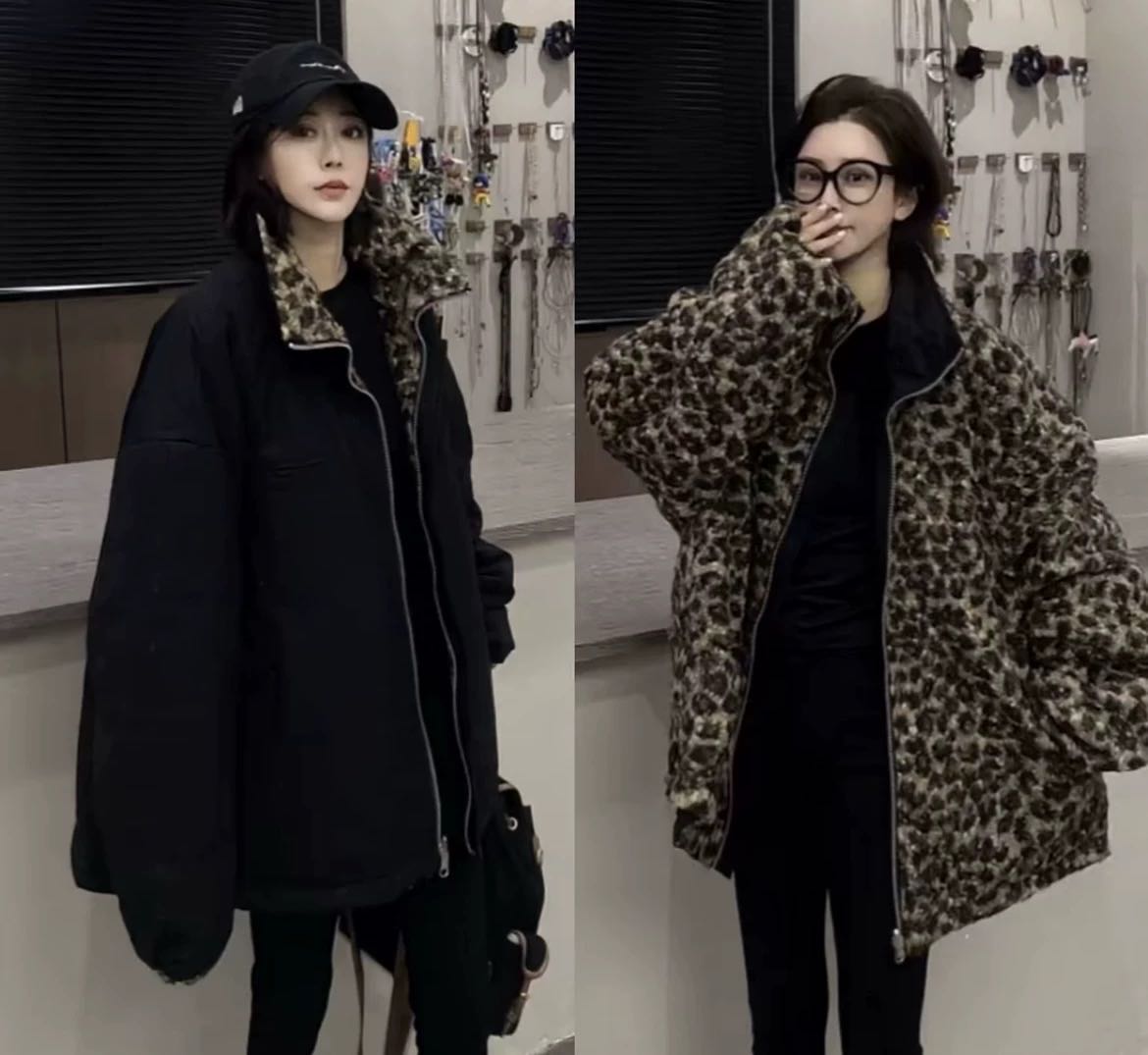 豹子女士&双面穿豹纹咩咩绒保暖加厚防风工装外套女宽松韩版休闲