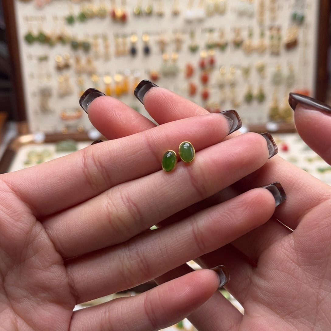 和田玉银S925镀金镶嵌耳饰