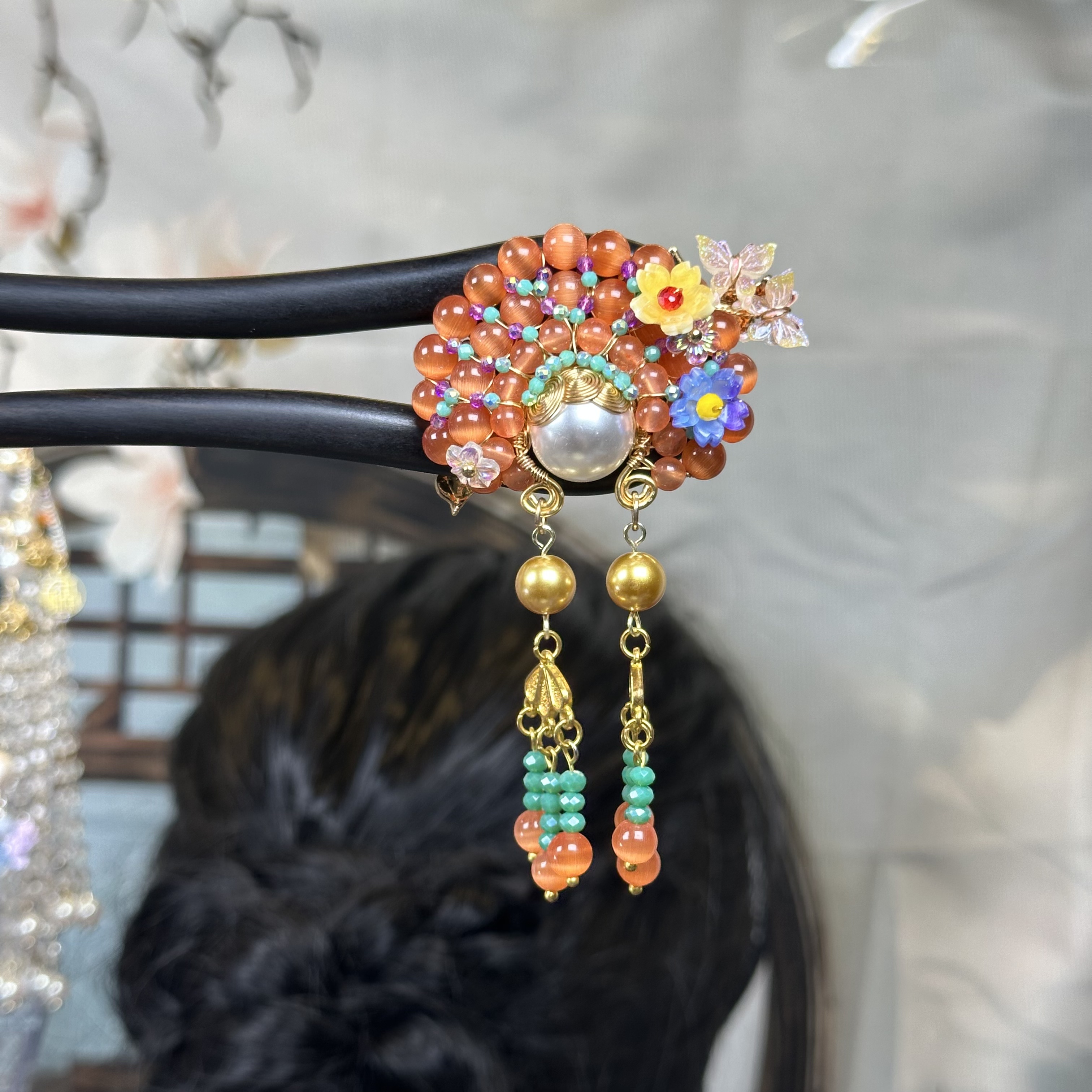 F076原创（烈日暖阳）橘色刀马旦手工檀木发簪双簪气质古风日常