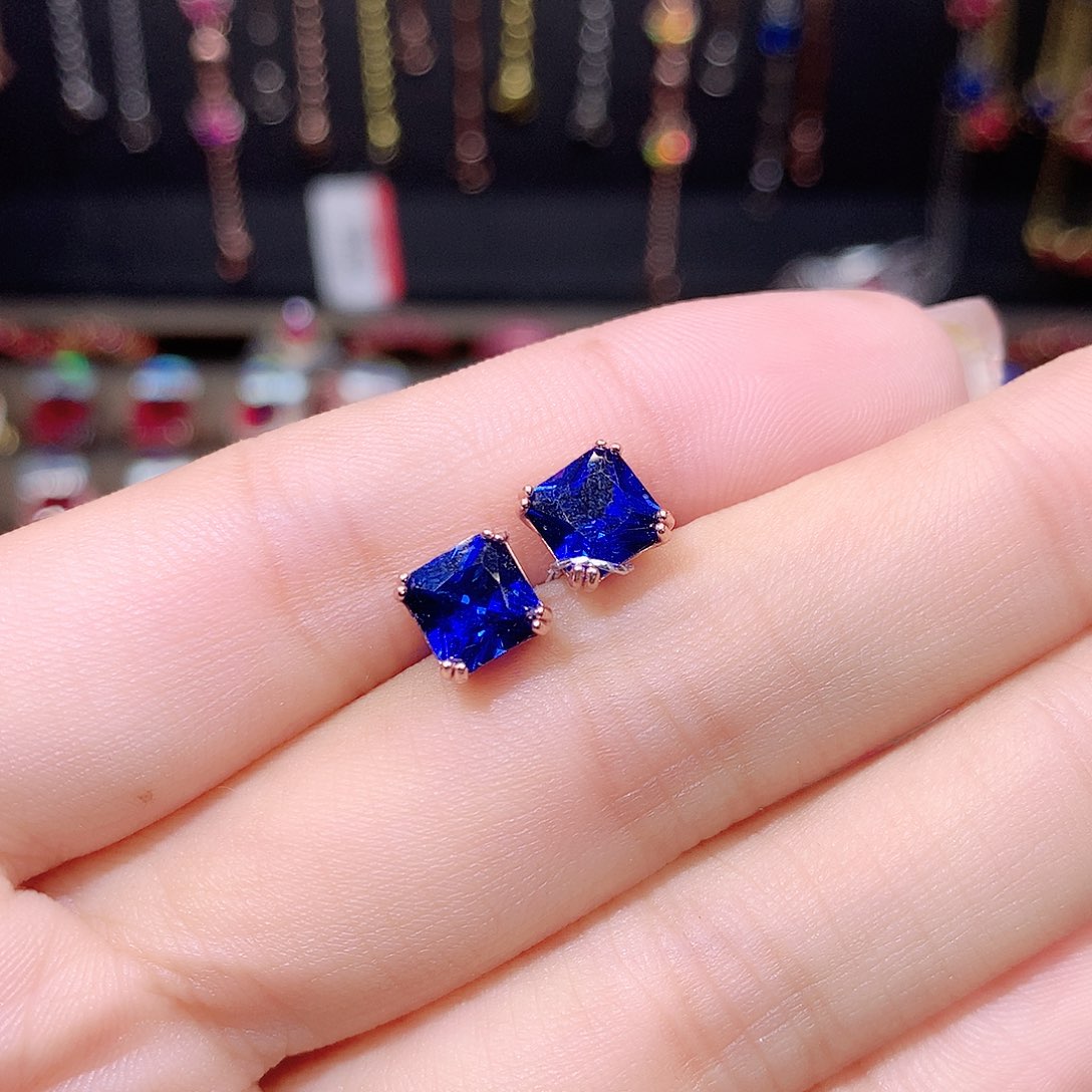 蓝宝石耳饰银S925镶嵌6玫瑰金