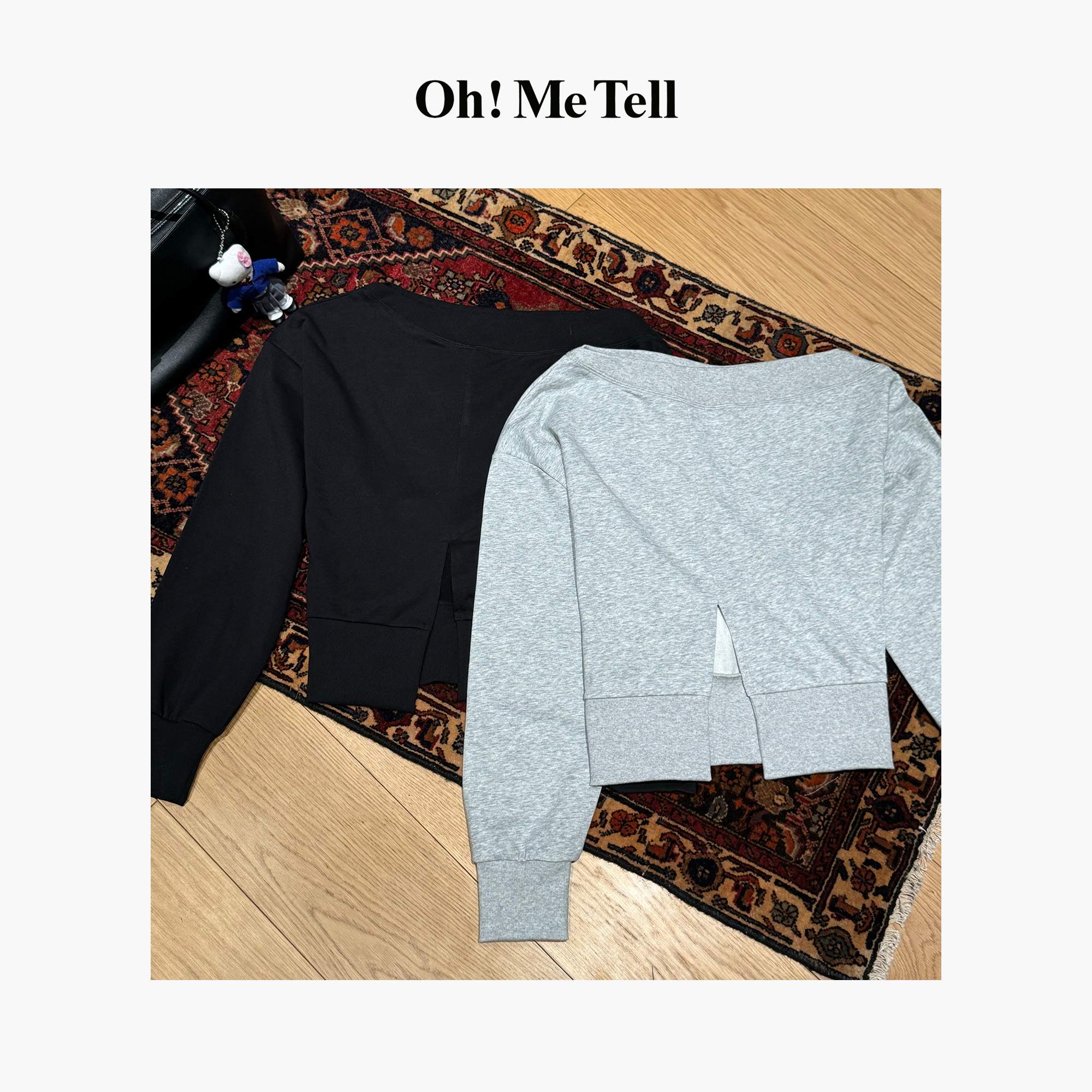 Oh！Me Tell【慵懒辣妹】设计感绑带收腰斜领露肩后开叉短款卫衣女