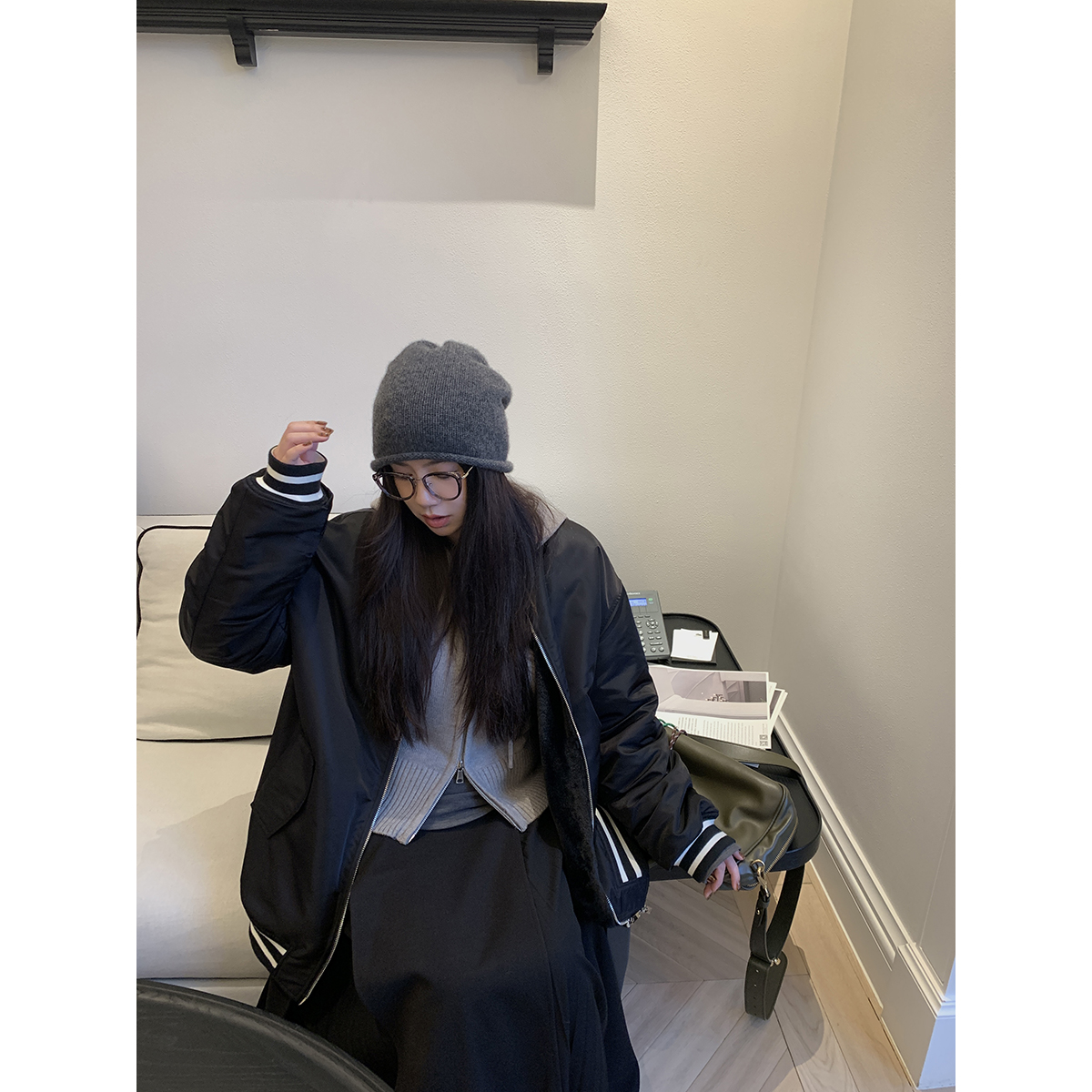 李洒洒子SaSa 美式双面穿飞行夹克棒球服女宽松显瘦冬季外套加厚