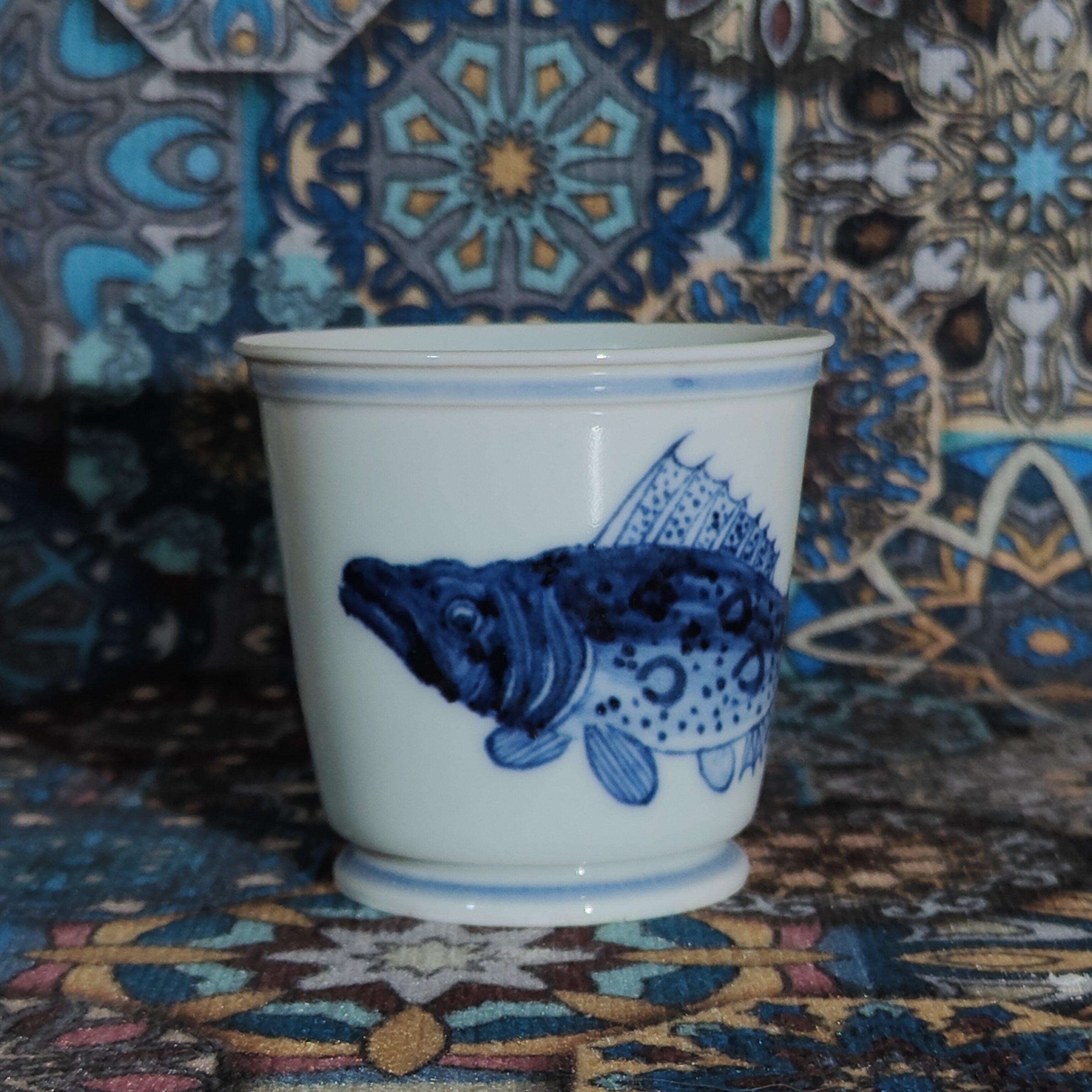 仿古瓷 元青花单条桂鱼，岩茶小杯