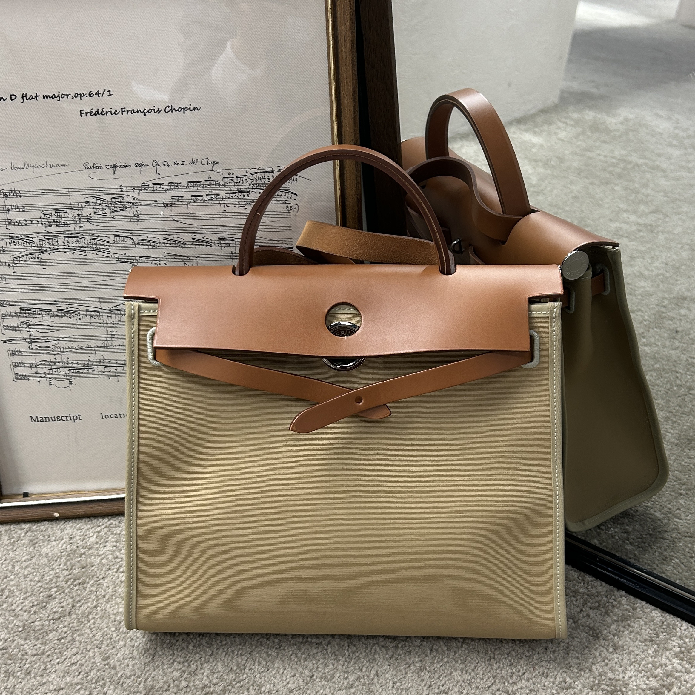 99新 Hermes/爱马仕 风衣灰拼棕herbag31斜挎包