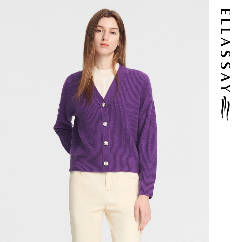 ELLASSAY歌力思秋冬新款薰衣紫花型珠扣针织开衫女EWE354M09300