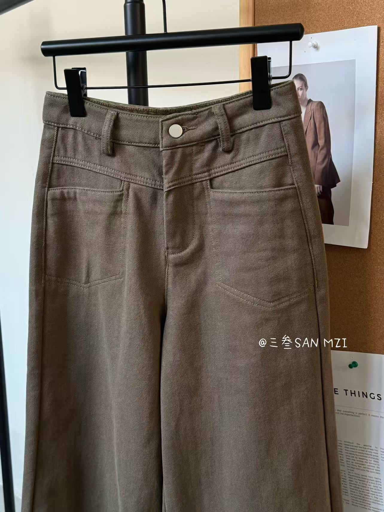 SAN-复古绿 加绒直筒牛仔裤 绿色直筒裤