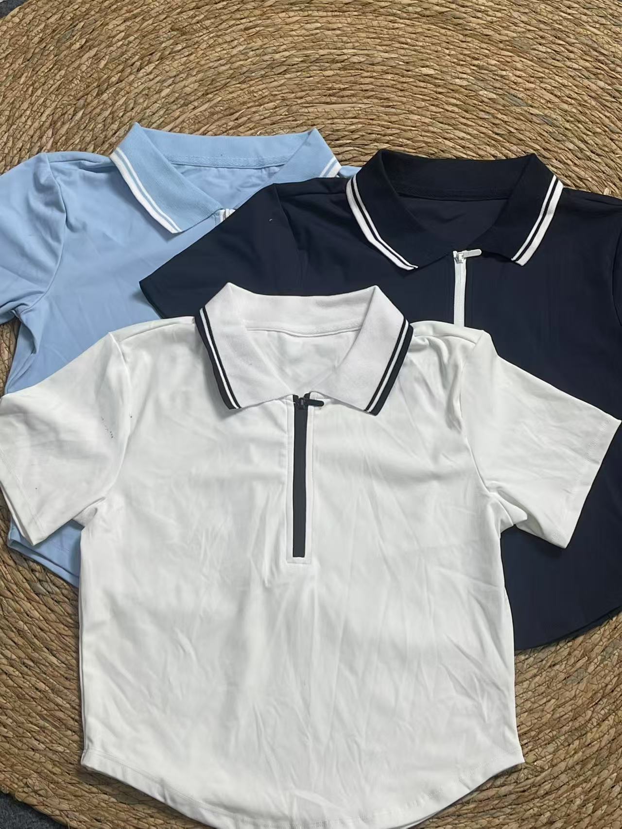 时尚款~拼色拉链短袖显瘦POLO衫夏季薄款休闲运动健身（29AB)