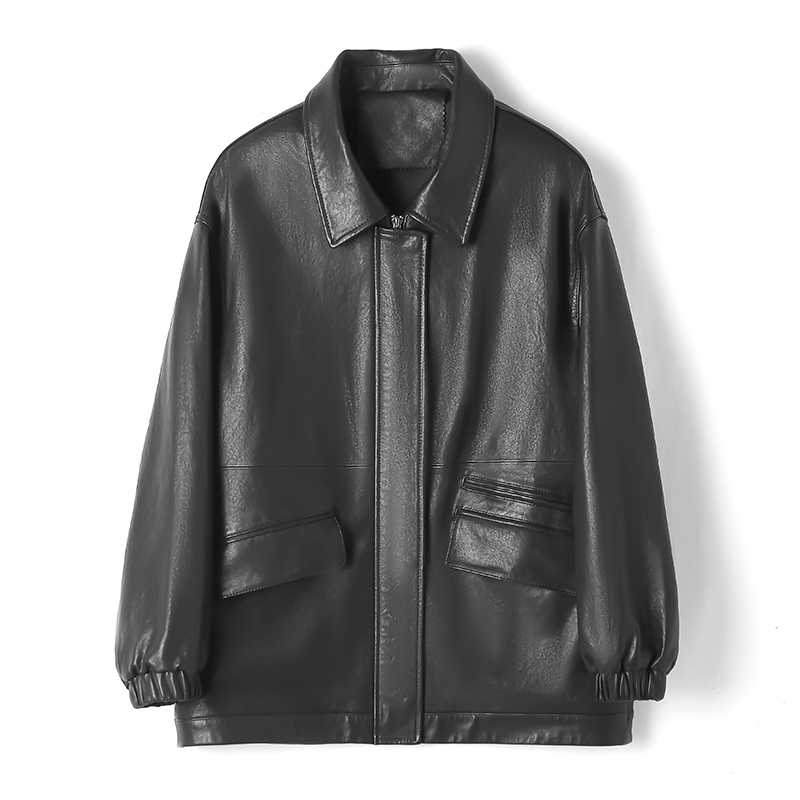 WE25年春款黑色翻领廓形嵌袋全植鞣绵羊皮皮衣时尚皮夹克外套真皮