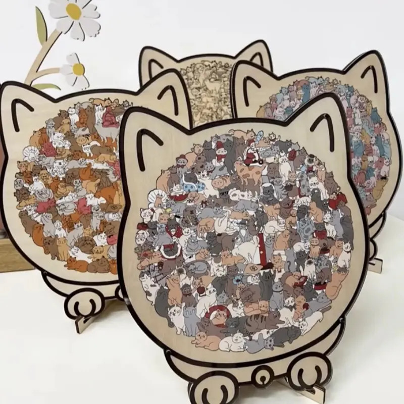 新款拼图猫木质拼图猫狗难度烧脑猫咪异形diy拼图创意礼物摆件