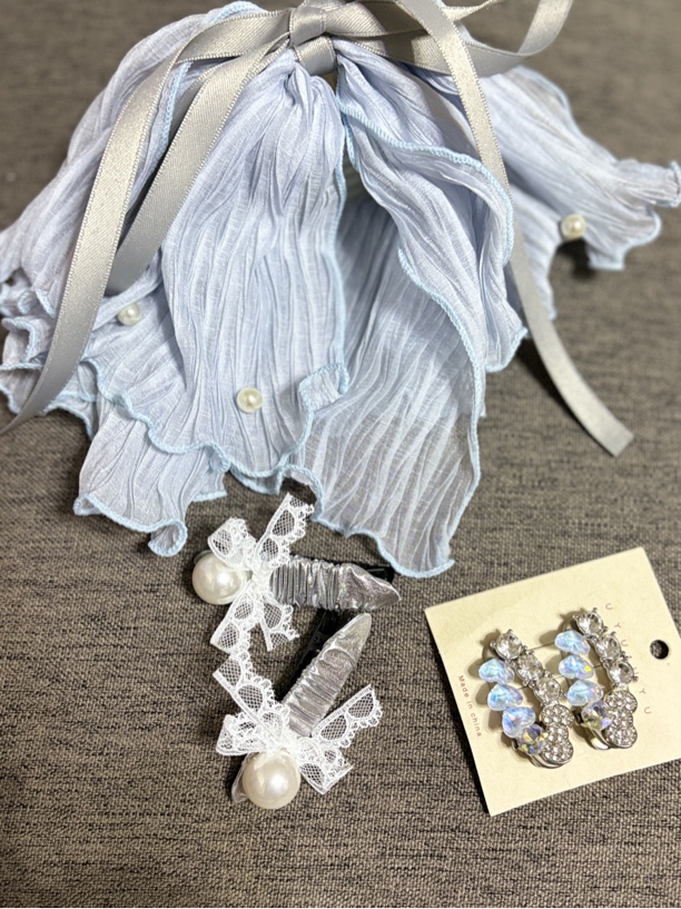 ins风银色褶皱蕾丝蝴蝶结发夹辣妹甜酷风