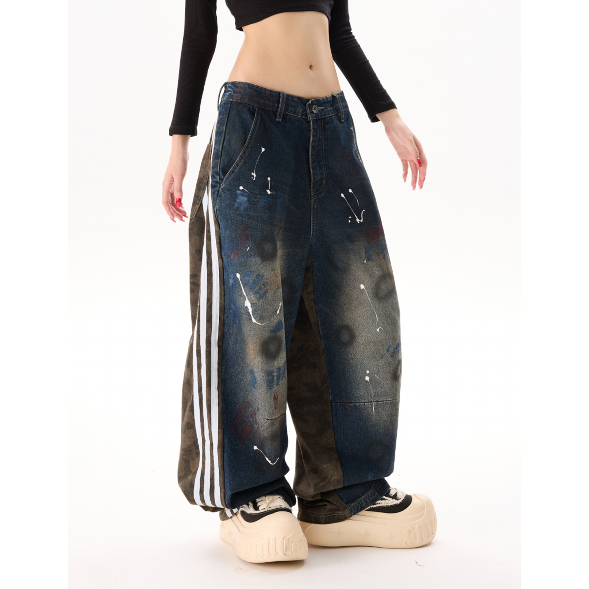 美式高街迷彩拼接阔腿牛仔裤男女潮牌宽松直筒高级感做旧涂鸦长裤