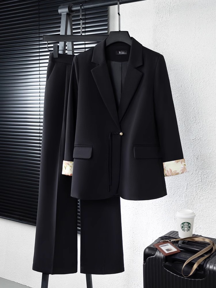 大码新中式西服套装女春季新款时尚休闲国风西装外套阔腿裤俩件套