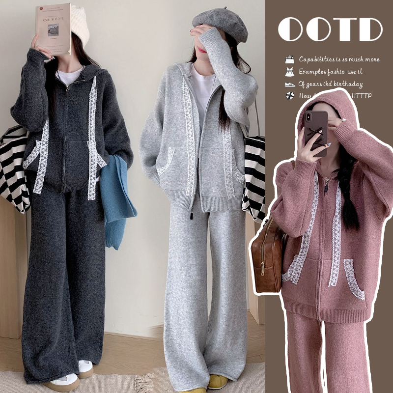 【枫丽】2025秋冬新款孕妇韩版时尚设计感蕾丝拼接连帽毛衣裤子套装