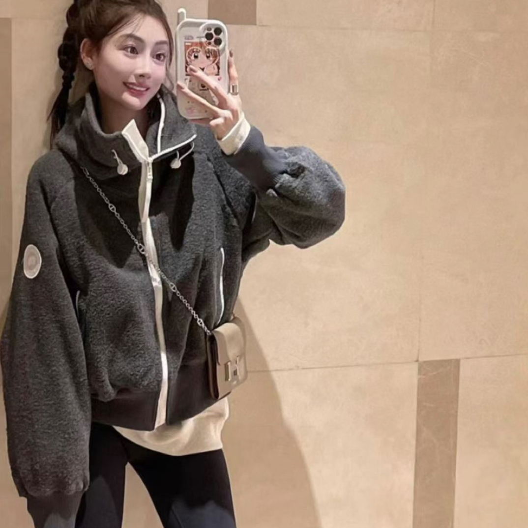 JiuMi百搭松紧连帽羊毛呢拉链外套