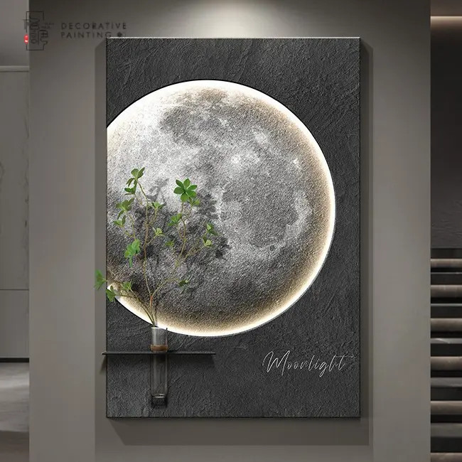 月球简约玄关装饰画轻奢高级感客厅沙发背景墙挂画入户正对门壁灯