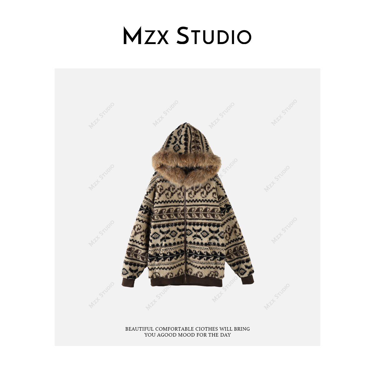 MZX 游牧风费尔岛摇粒绒可拆卸貂子毛领加绒外套WT11631-C