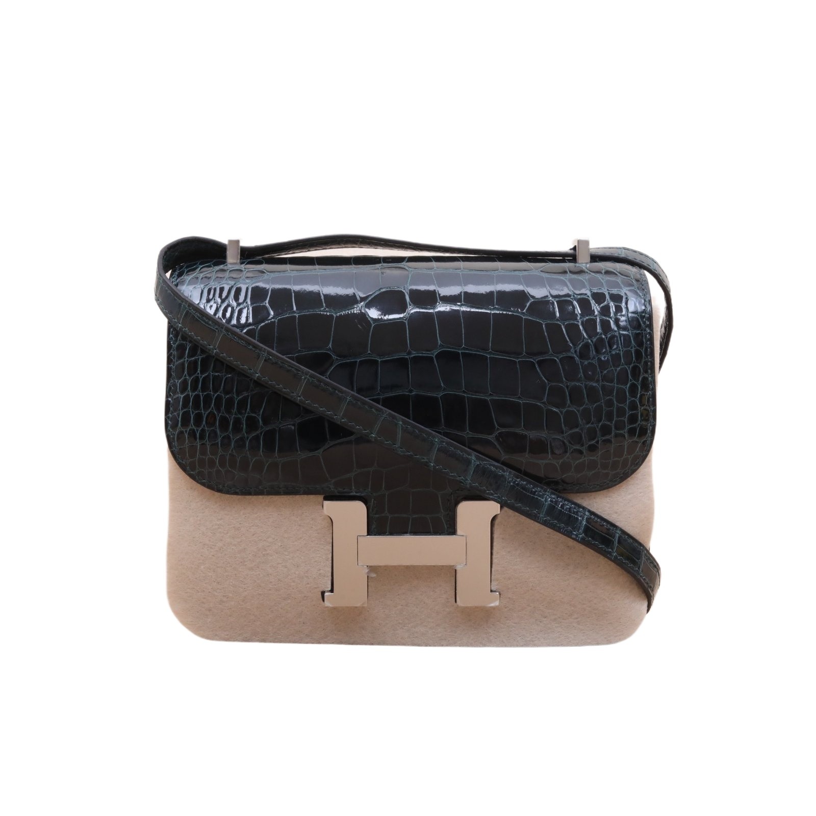 99新 Hermes/爱马仕 小花柳康康19松柏绿 鳄鱼皮 W刻 银扣