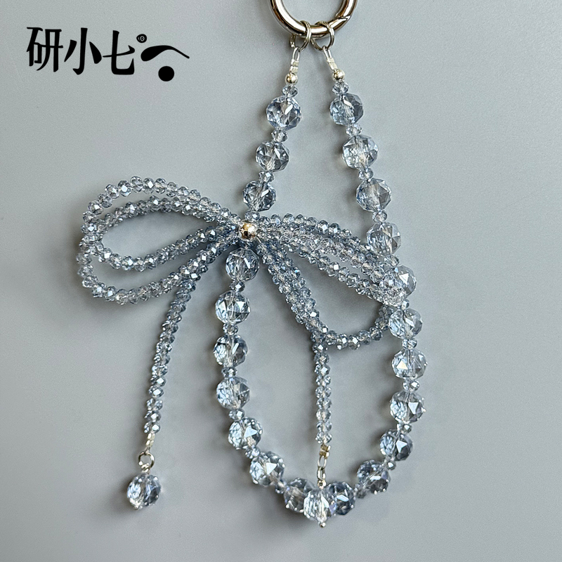 研小七手机链水晶时尚串珠手机链饰手工蝴蝶结挂饰防丢防摔绳A034