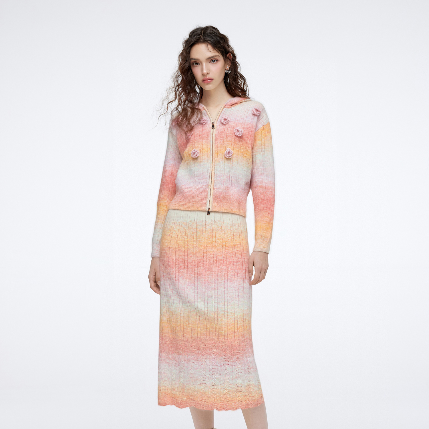 MISSSCOCOON可可尼鱼尾半身裙女2025秋冬新款多巴胺连帽针织套装