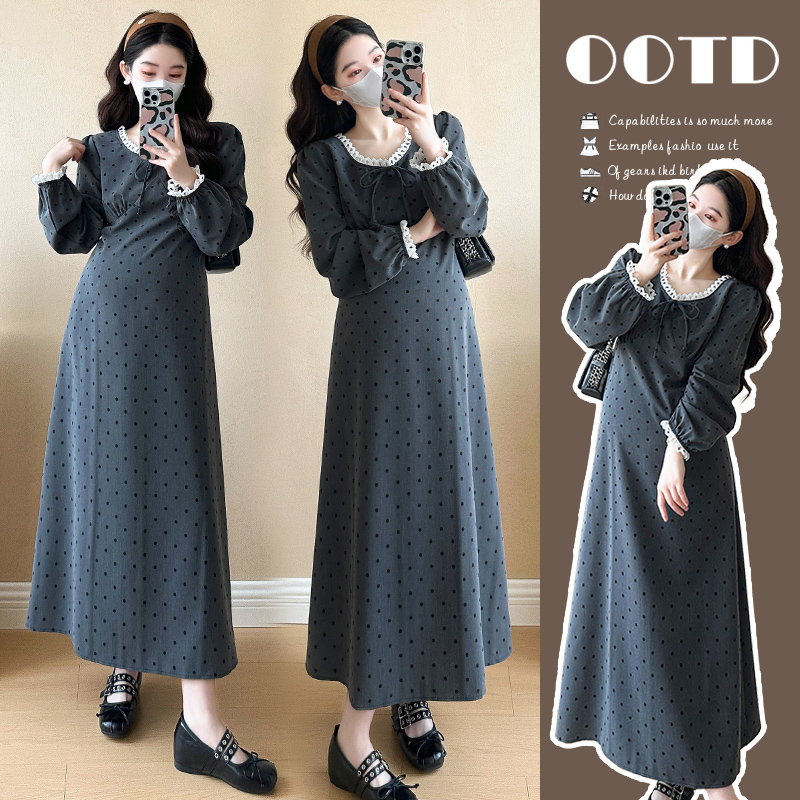孕妇春装连衣裙2025新款时尚气质大码显瘦中长款孕妇波点连衣裙春