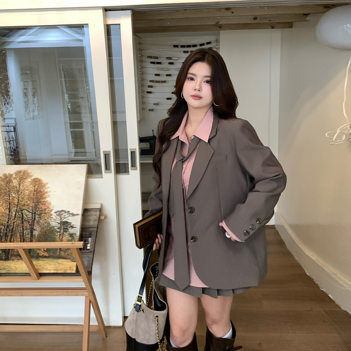 王葡萄【静奢漫意】配领带复古竖条纹西装外套早秋DM2233