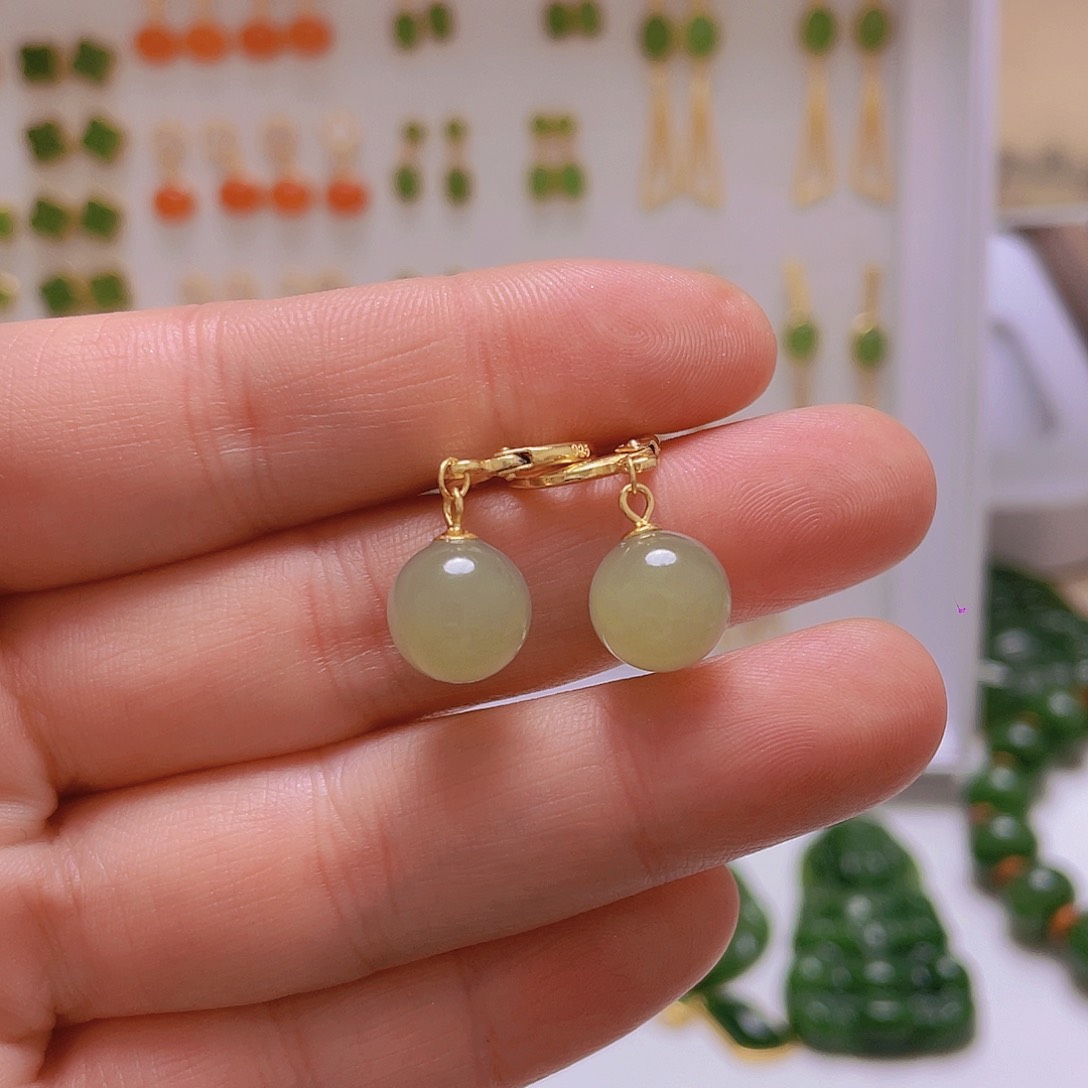 和田玉耳饰银S925镀金镶嵌