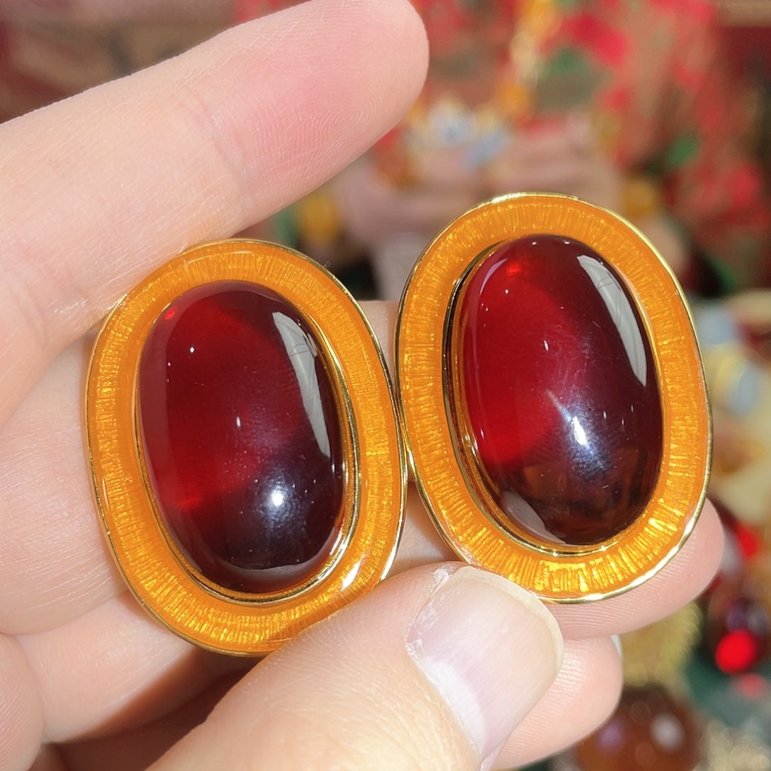 血珀耳钉银S925镀金镶嵌