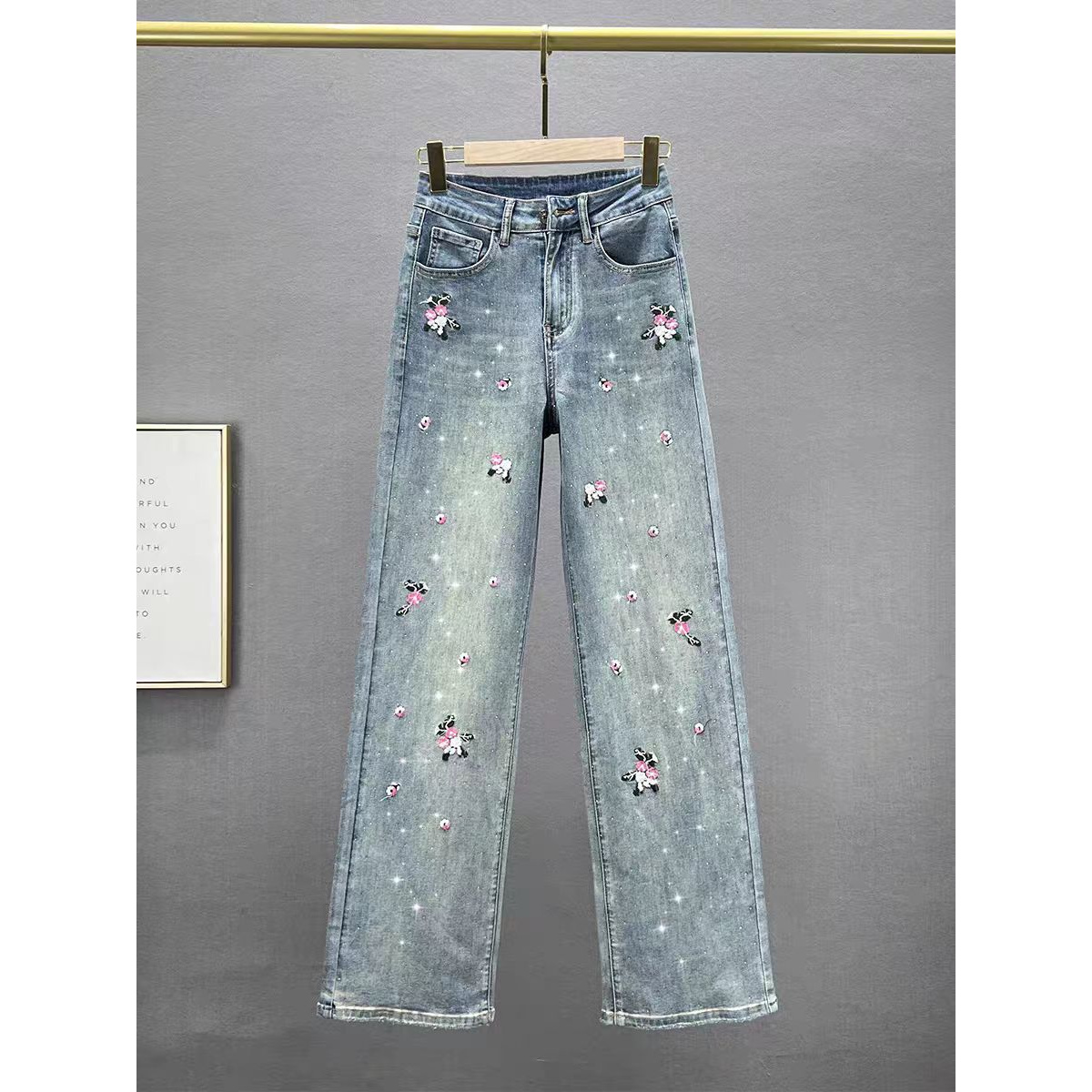 新中式国风牛仔裤女春秋季2025新款复古刺绣直筒长裤小个子阔腿裤