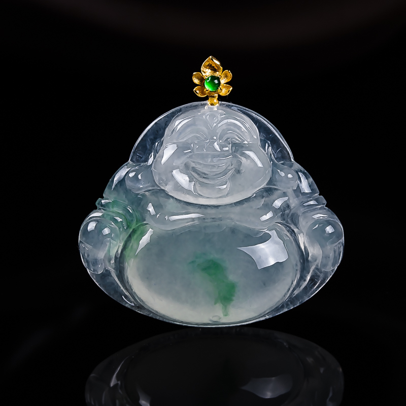 天然缅甸翡翠A货18K金冰飘花佛公 尺寸25.6-30-6.3mm