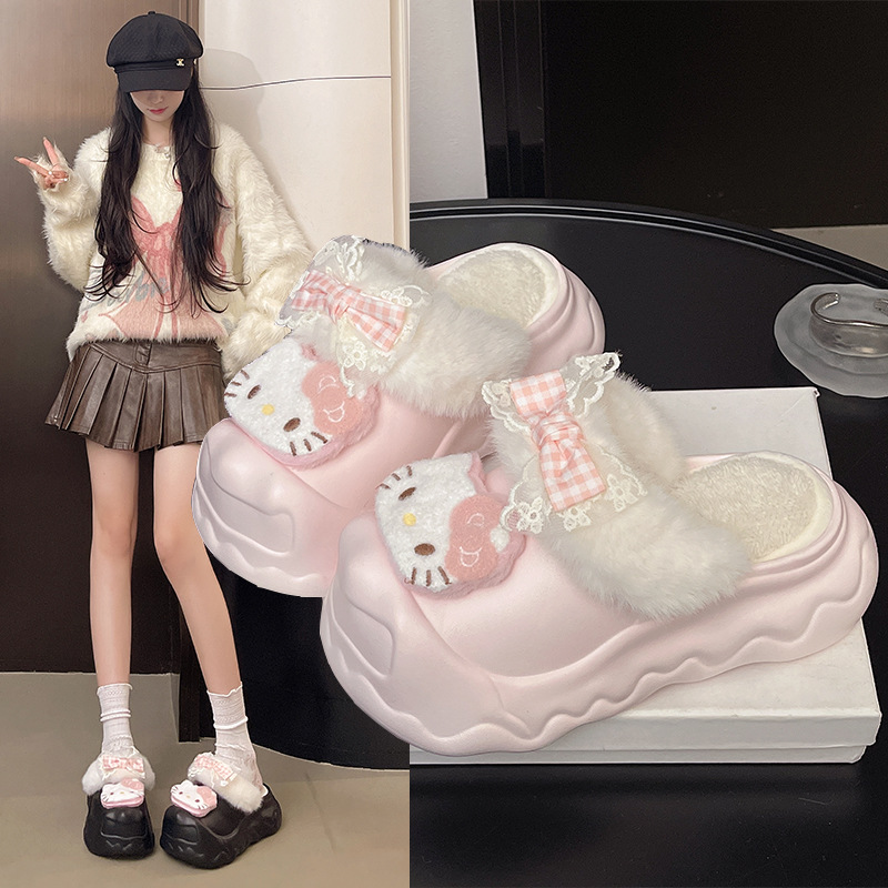 外穿厚底增高可拆卸包头开口笑棉拖鞋可爱卡通猫咪毛毛鞋女冬防滑