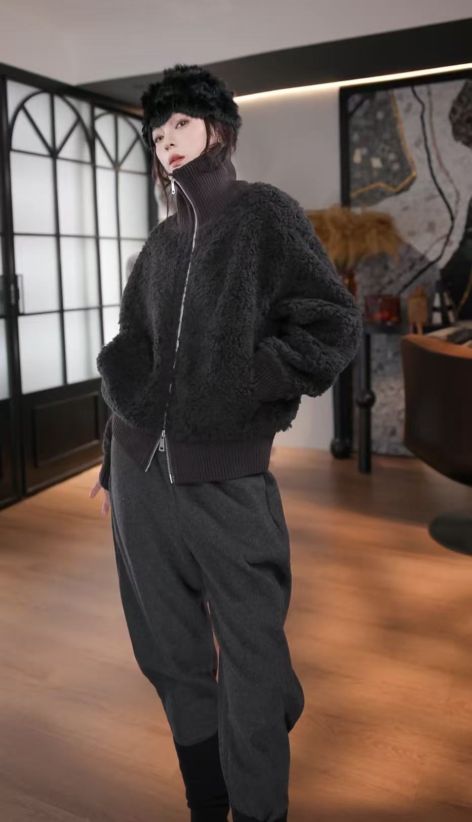 BANINGNA2025欧货小众高定拼接时髦简约拉链高领100羊毛外套41253