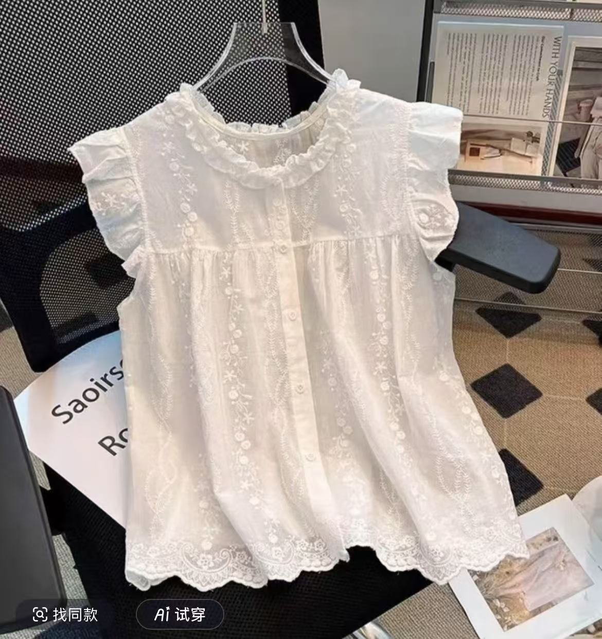 法式刺绣小飞袖衬衫女夏季设计感木耳花边背心娃娃衫无袖背心上衣