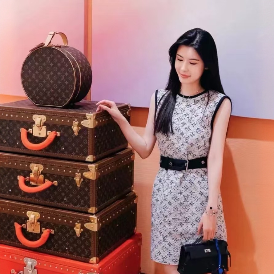 99新 LouisVuitton/路易威登 H12310 拼色提花满印无袖连衣裙36