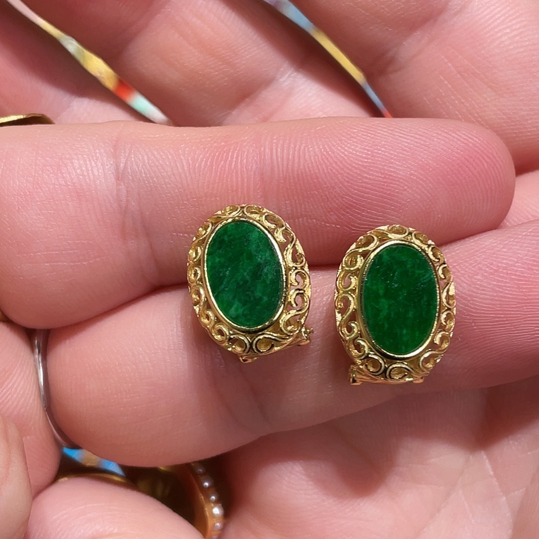 翡翠银S925镀金镶嵌耳钉