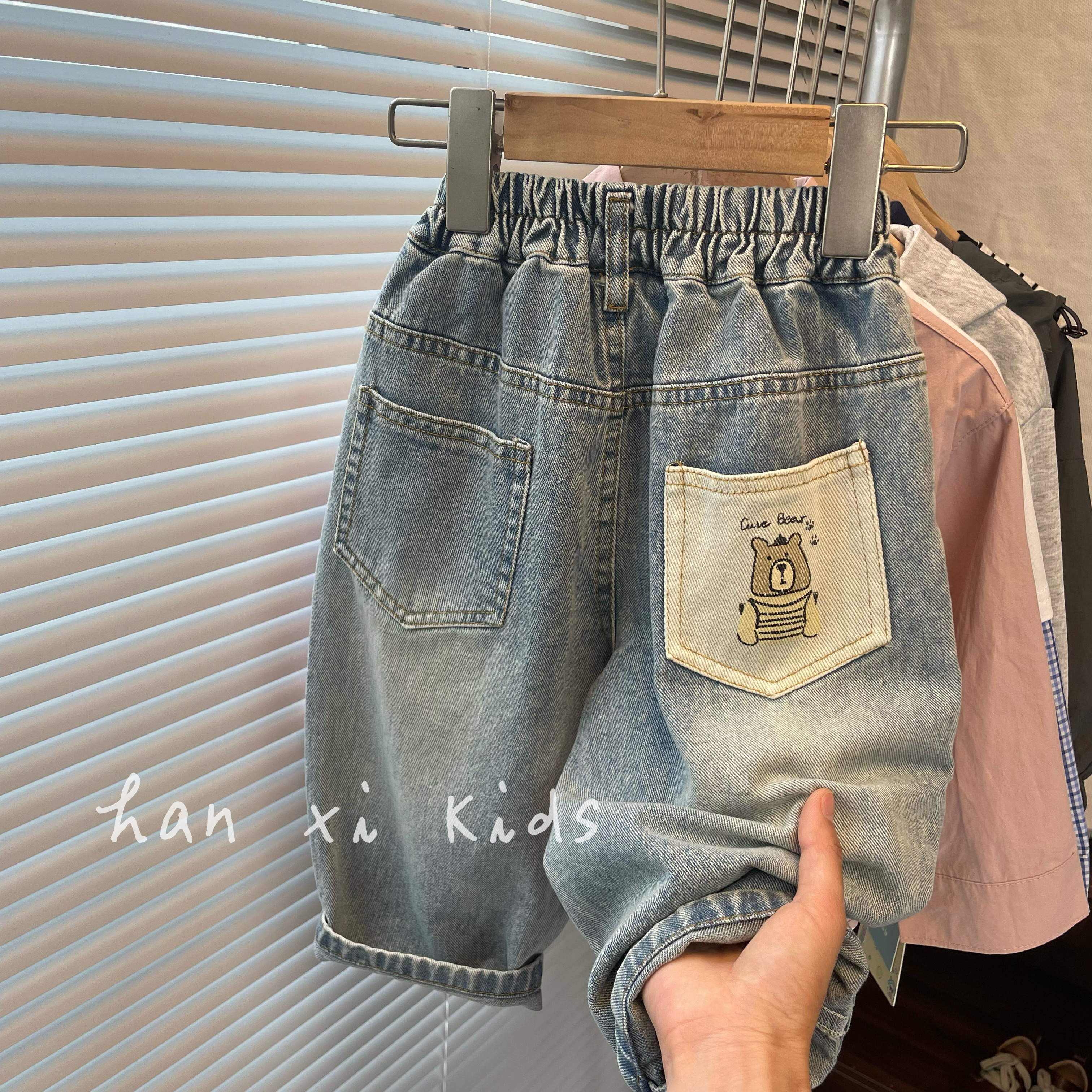 推荐 品质棒！韩国男女童卡通口袋印花水洗软牛仔裤儿童百搭休闲裤