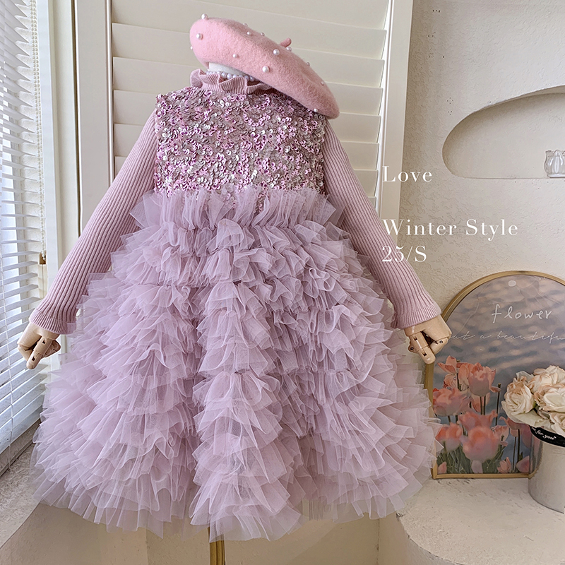 【本妈】25秋冬"花漾甜心"女童针织上衣+加绒无袖网纱连衣裙25D055