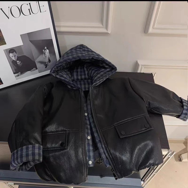 儿童加绒棉服冬装2025新款男童韩版休闲棉衣外套保暖连帽皮衣外套